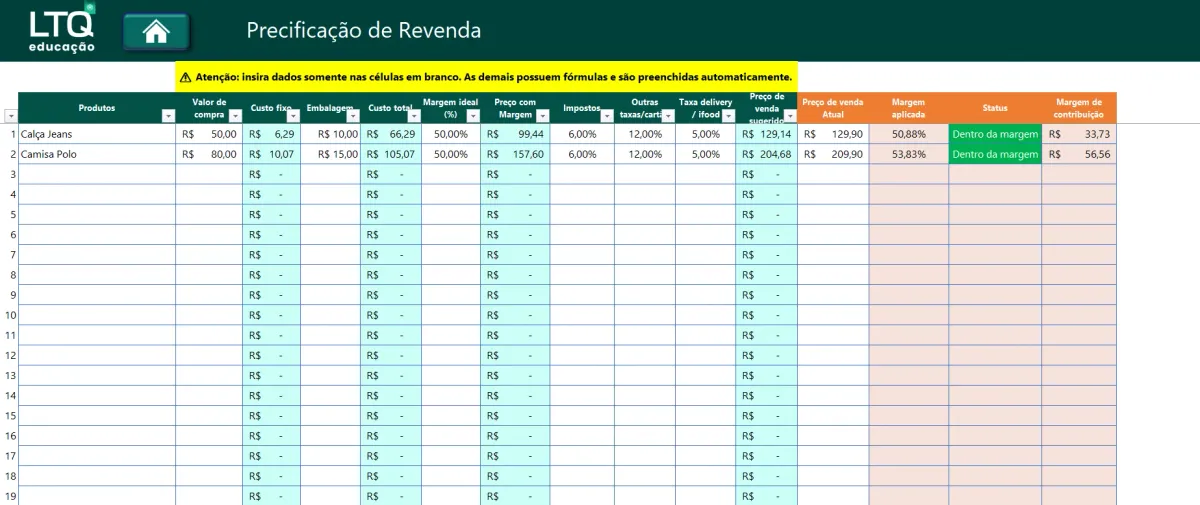 Tela de precificação de revenda, com a margem aplicada por produto